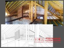 Фрагмент ЗD модели деревянных элементов крыши и фотография смонтированных на объекте стропильных конструкций.